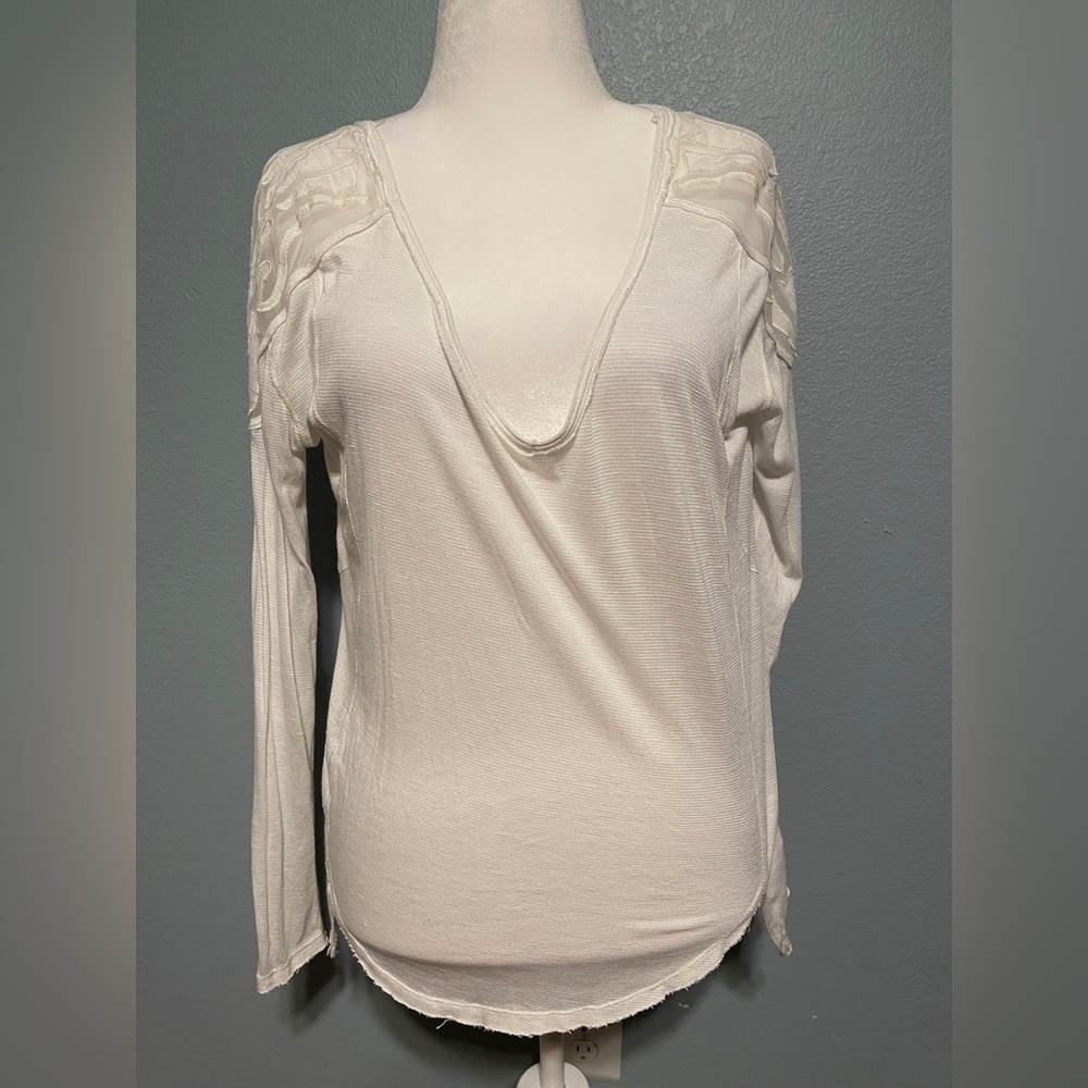 Free People Lola Long Sleeve Knit Lace Top White Oversized Cottagecore Medium - Picture 2 of 7